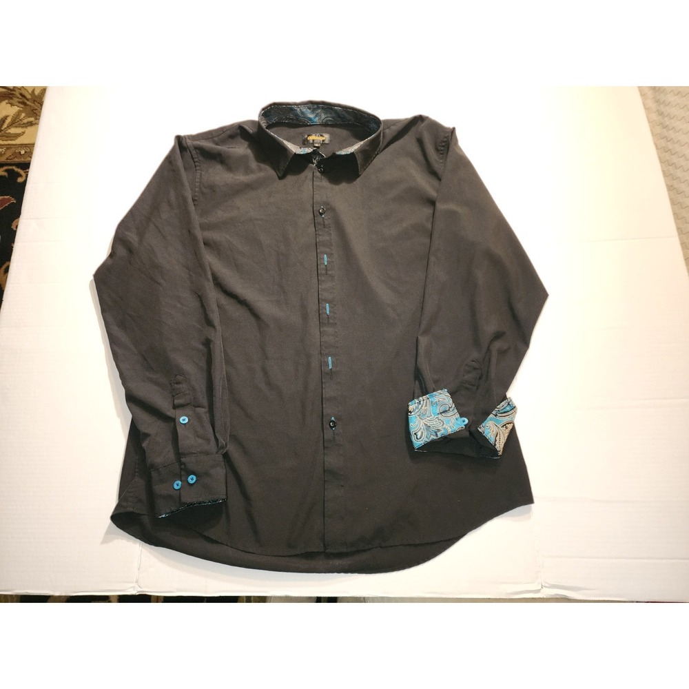 DiBanGu Men's Long Sleeve Dress Shirt Black with Teal Pasly Paisley Trim Size XL